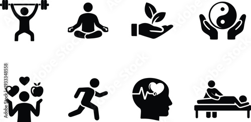 health icon set, wellness icon set, holistic balance illustrations, emotional health icons,  massage and relaxation symbols, nutrition and exercise icons, self-care icon pack, holistic healing symbols