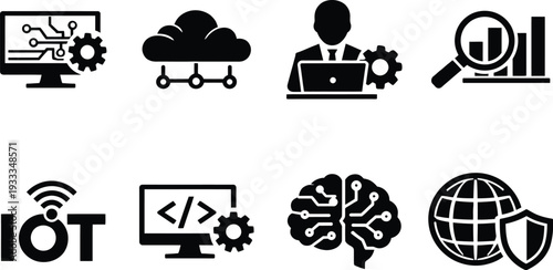 technology icon set, data science symbols,  cloud computing icons,  analytics and research visuals, minimal tech graphics, black white data set, digital transformation icons, software engineering 