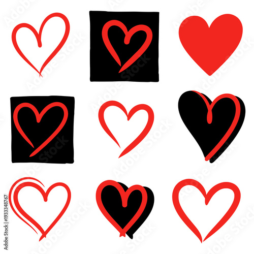 A collection of red heart shapes and icons in a vector illustration set for romantic Valentine's Day decorations, wedding symbols, and holiday art patterns