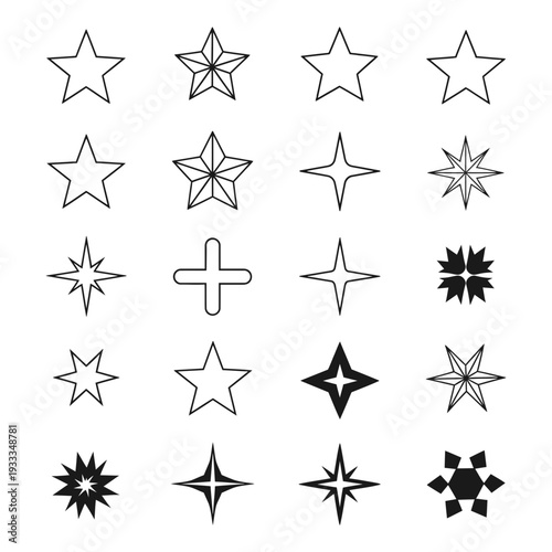 Black and white star icon set with simple vector shapes for decoration and design