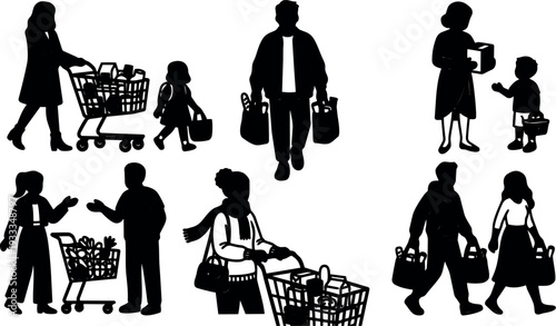 Silhouette vector flat design group of shoppers pushing carts and carrying bags in market scene side view high contrast black