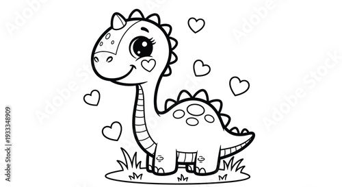 Smiling dinosaur surrounded by hearts