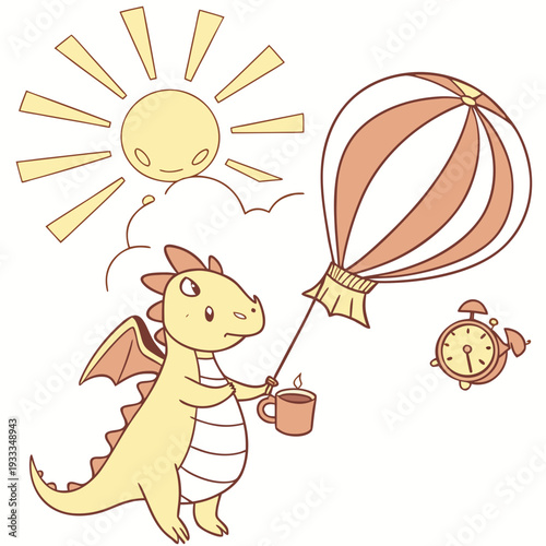 An adorable Dragon with a Shy vibe, with a balloon, and a Sunny Mornings Morning sunshine theme – SVG style