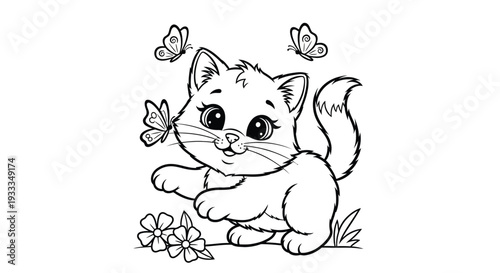 A cute cartoon squirrel playing with butterflies and flowers