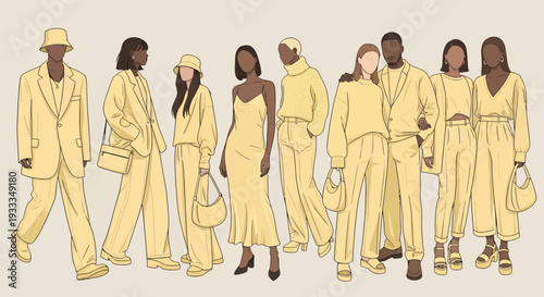 Diverse Group of People in Stylish Yellow Outfits.
