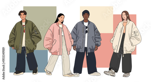 Diverse Group of People Showcasing Oversized Bomber Jackets.