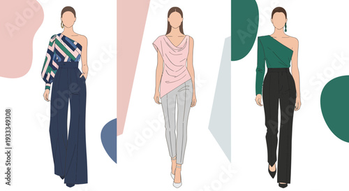 Fashion Illustration of Three Elegant Women in Modern Outfits.