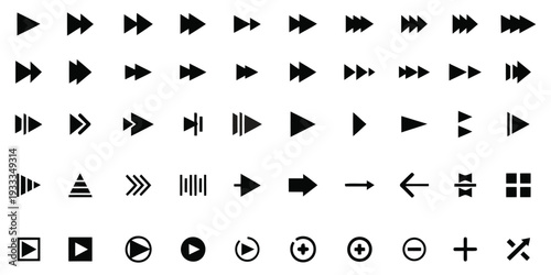 Collection of solid black media player control icons and arrows