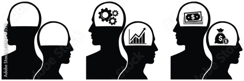 Three pairs of silhouettes of heads showing thinking processes