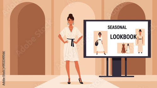 Fashionable woman presenting seasonal lookbook on screen.