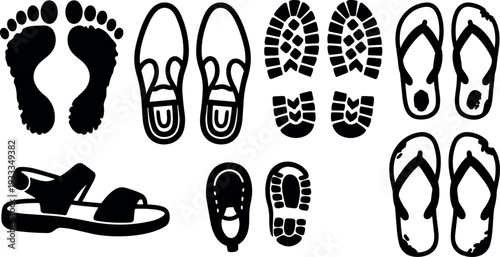 Flat design vector set of various footprints sandals flip flops boot treads bare feet top view black silhouettes icons collection