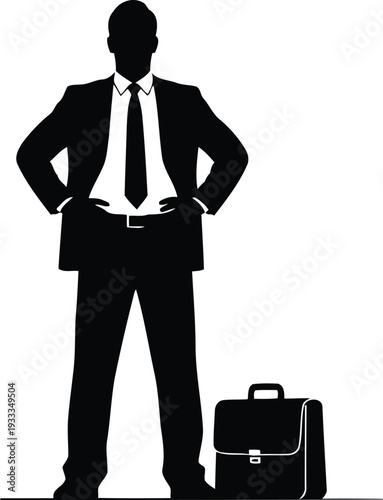 Silhouette of businessman standing with hands on hips next to briefcase