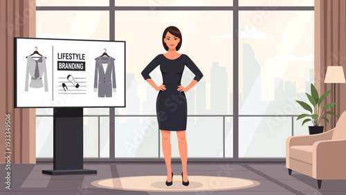 Stylish Woman in Black Dress Presenting Fashion Ideas.