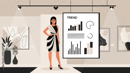 Stylish Woman Poses Confidently Next to Trend Analysis Display.