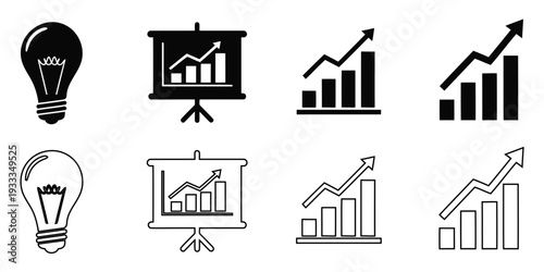 Business growth and idea icons lightbulb, presentation chart, and upward trend arrows solid and outline