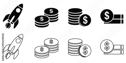 Startup rocket launch and money coin stacks icons solid and outline