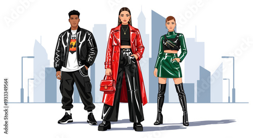 Three stylish people in futuristic fashion outfits.