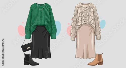 Two stylish outfits with skirts and sweaters.