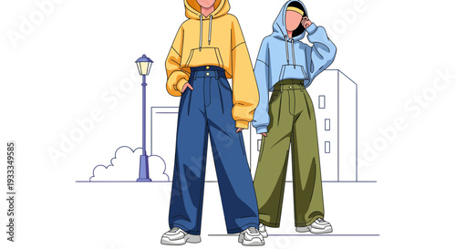 Two stylish young women wearing trendy oversized hoodies and wideleg pants.