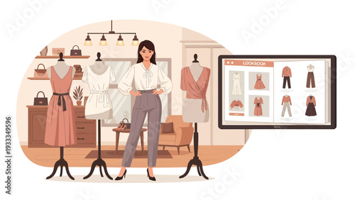 Woman Fashion Designer Working in Boutique Showcasing New Collection.