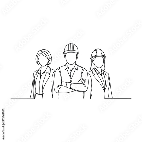 Construction team in hard hats, arms crossed, minimalist line drawing on white background.
