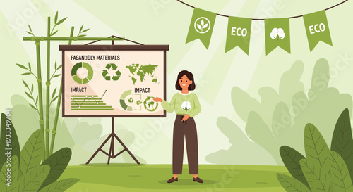 Woman presenting ecofriendly materials at a conference.