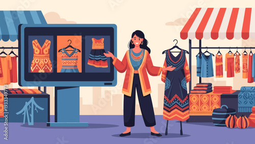 Woman presenting fashion designs on a screen and a dress.