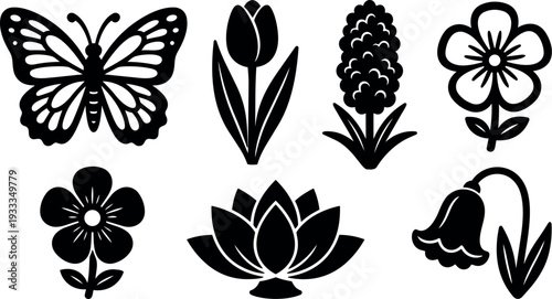 Flat design floral and butterfly silhouette icon set close up assorted flowers and lotus with clean minimal look black vector