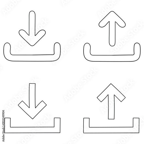 Hand-drawn doodle set of download and upload icons on a white background.