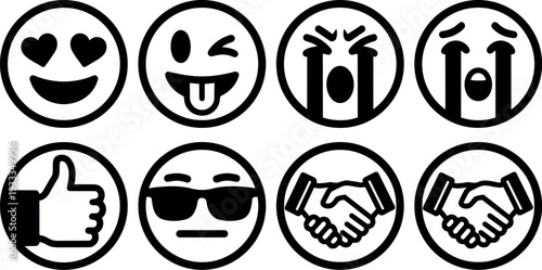 Line art icon set of eight bold emoticons showing heart eyes winking tongue crying thumbs up cool face and hand shake
