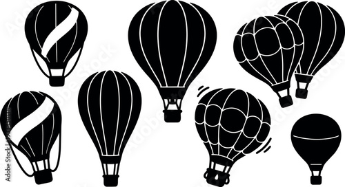 Flat design silhouette hot air balloons set multiple angles close up aerial view grouped icons travel festival vintage mood illustration
