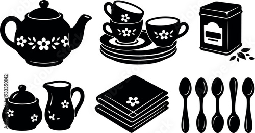 Flat design vintage floral tea set vector composition with teapot and stacked cups plates spoons close up silhouette simple black