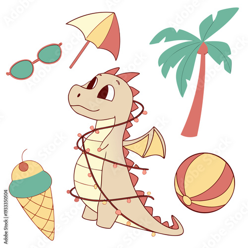 Vector illustration of a Curious Dragon with wrapped in fairy lights, styled in a Summer Vacation theme using Beach Bliss colors