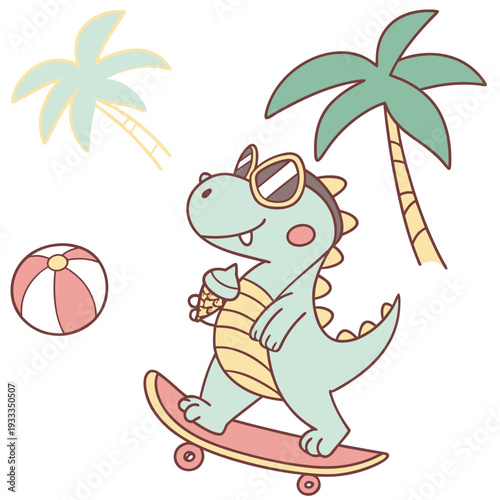 Whimsical Dragon feeling Bashful in a Summer Vacation setting with riding a skateboard – colored in Beach Bliss