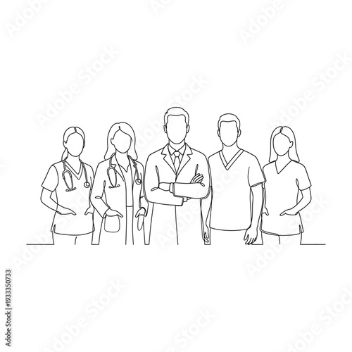 Team of Medical Professionals: Doctors and Nurses in Continuous Line Art Style