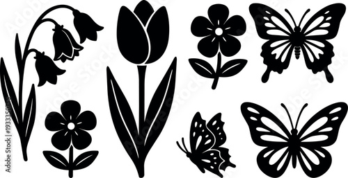 Flat design spring flower and butterfly silhouette set isolated vector icons in black on white landscape layout for crafts projects