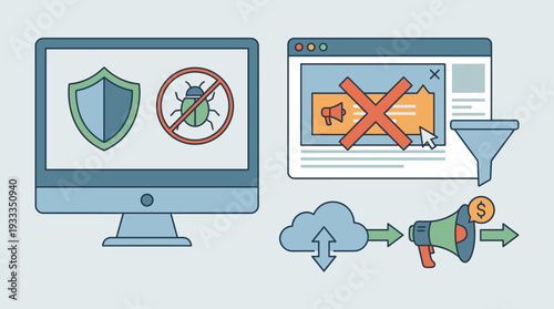 Anti-virus Software and Ad Blocking Concept Illustration with Computer Monitor, Shield, Bug Icon, Web Browser Filter, and Cloud Computing Icons for Digital Security and Online Privacy Protection