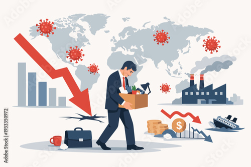 Business economic crisis vector concept with sad businessman being fired because of economic downturn due to coronavirus pandemic, global recession, financial market crash and unemployment.