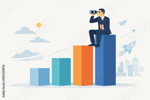 Businessman sitting on a rising financial bar graph looking through binoculars for future opportunities. Visionary leadership, business growth, market analysis, and strategic planning concept.