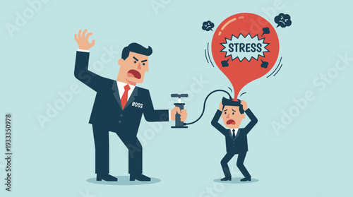 Angry Boss Shouting and Pumping Stress into Employee Head Vector Illustration. Metaphor of Workplace Pressure, Toxic Management, Job Burnout, Mental Health Issues, and Corporate Conflict Concept.