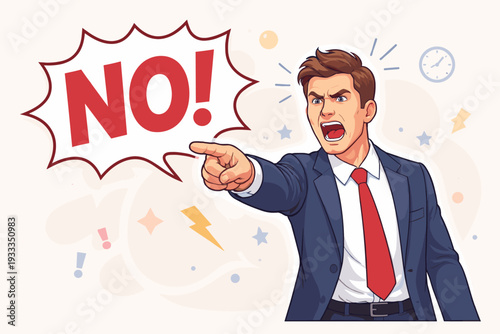 Angry Businessman Shouting and Pointing with a Speech Bubble Saying NO! Vector Cartoon Illustration of a Boss or Manager Rejecting a Proposal, Setting Boundaries, or Expressing Disagreement.