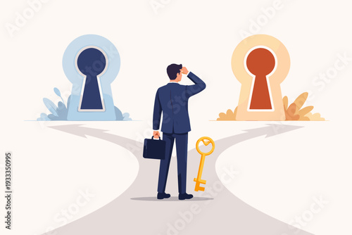 Businessman in Suit Holding Golden Key Standing at Crossroads Deciding Between Two Large Keyholes, Concept of Business Decision Making, Career Path Choice, Strategy, and Finding Solutions.