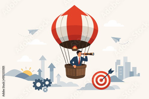 Businessman in Hot Air Balloon with Upward Arrow Looking Through Spyglass for New Business Opportunities, Visionary Leadership, Strategic Planning, Success, Growth, and Future Corporate Goals.