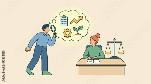 Self Assessment and Personal Development Concept with Man Evaluating Growth Icons through Magnifying Glass and Woman Writing at Desk with Balance Scale for Work Improvement and Performance Review