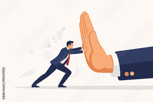 Small Businessman Pushing Against a Giant Hand Representing Big Business Competition and Market Monopoly Challenges, Concept of Struggle for Survival and Growth in a Competitive Industry Illustration