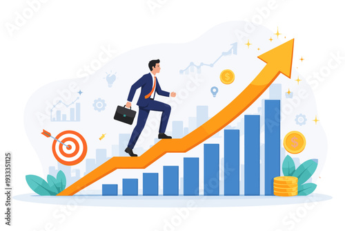 Businessman in a suit climbing an upward growth arrow graph representing financial success, stock market profit, career advancement, and business achievement with bar charts and money icons.