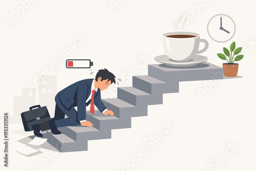 Tired Businessman with Low Battery Icon Crawling Up Stairs Toward a Giant Cup of Hot Coffee, Concept of Work Burnout, Exhaustion, Stress, and the Need for a Caffeine Break or Morning Energy Boost.