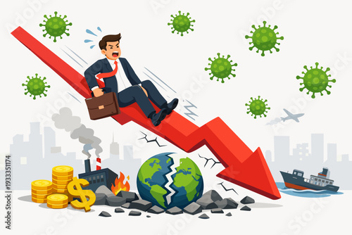Panicked businessman sliding down a falling red arrow representing global economic recession and financial market crash caused by the COVID-19 coronavirus pandemic impact on world trade and industry.