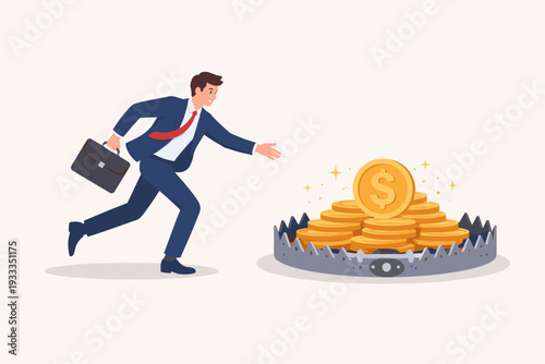 Businessman in a Suit Running to Catch Gold Dollar Coins Placed on a Dangerous Bear Trap, Metaphor of Greed, Financial Risk, Bad Investment, Debt, and Hidden Business Traps Vector Illustration.