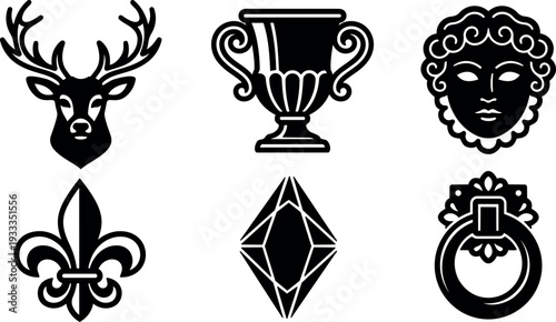 Minimalist vector icon set heraldic symbols stag head trophy cup classical mask fleur de lis gem ring knocker black silhouette